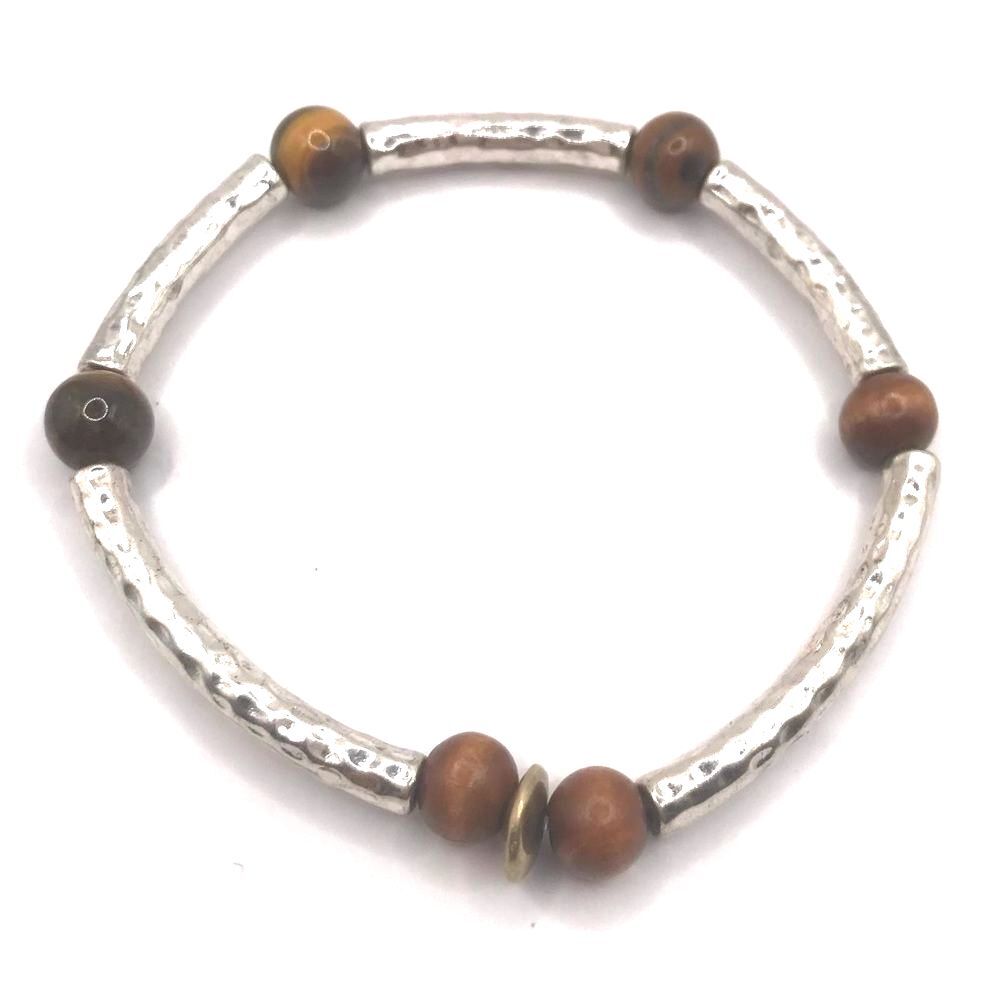 Silver Hammered and Tigers Eye Beaded  Stretch Bracelet